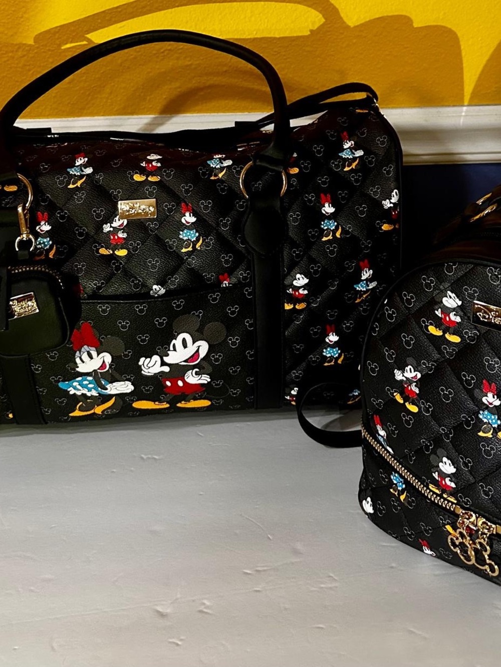 Disney Black Mickey & Minnie Patterned Travel Satchel and Mini Backpack Set